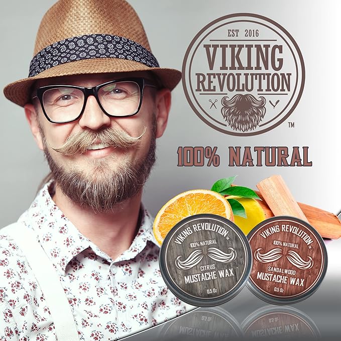 Viking Revolution Mustache Wax 2 Pack - Beard & Moustache Wax for Men - Strong Hold Helps Train Tame & Style (Citrus & Sandalwood, 2 pack)