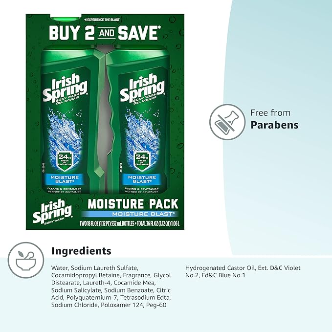 Irish Spring Moisturizing Men's Body Wash Shower Gel, Moisture Blast - 18 Fluid Ounce (2 Pack)