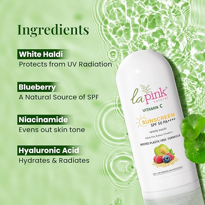 La Pink Vitamin C Sunscreen For Men and Women | SPF 50 PA++++ UVA + UVB, Hydration & Moisturization 100% Microplastic Free Formulation | Non Greasy | Zero White Cast | 50gm
