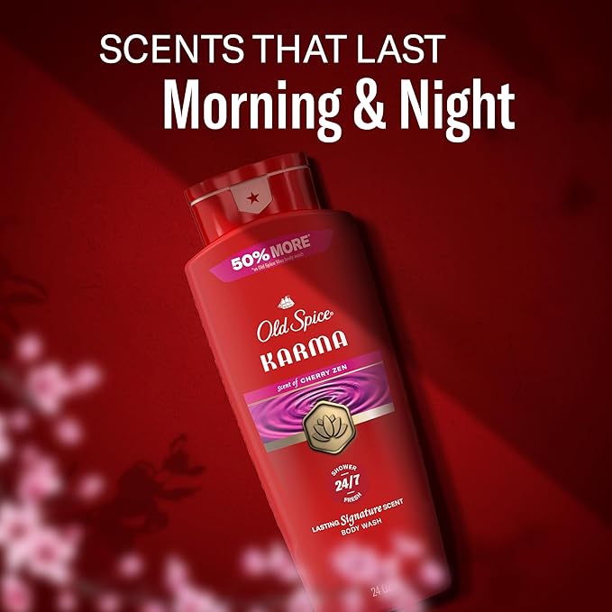 Old Spice Body Wash for Men, 24/7 Shower Fresh & Clean w/Daily Use, Lasting Signature Scent, Refreshing Lather, Moisturizing Formula, Karma with Cherry Spice, Black Pepper, & Sandalwood Scent, 24 oz