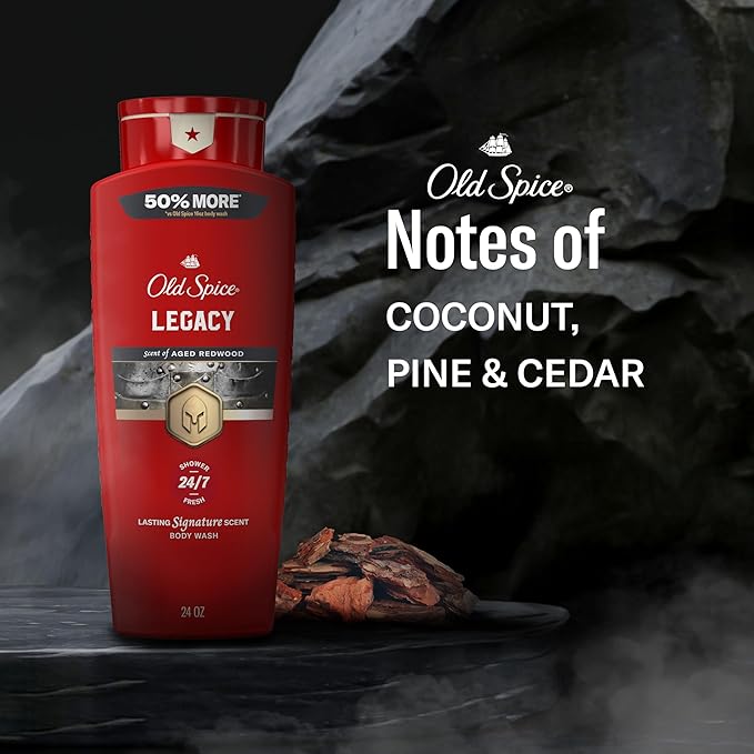 Old Spice Body Wash for Men, 24/7 Shower Fresh & Clean with Daily Use, Lasting Signature Scent, Refreshing Lather, Moisturizing Formula, Legacy with Coconut, Pine & Cedar Scent, 24 oz