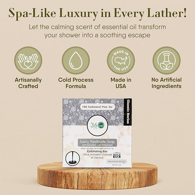 360Feel Pine Tar Bar Soap - Made in the USA - Castile Handmade, All-Natural, Cold-Processed - Infused with Pine Tar for Relaxation & Calm - Rich, Creamy Lather - (5oz)