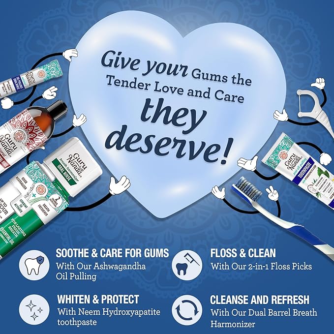 GuruNanda Gum Hygiene Makeover Kit with Ashwagandha & Cocomint (Travel Size) Oil Pulling, Neem Toothpaste, Breath Harmonizer Mouthwash, 2-in-1 Floss Picks & Whitening Toothbrushes