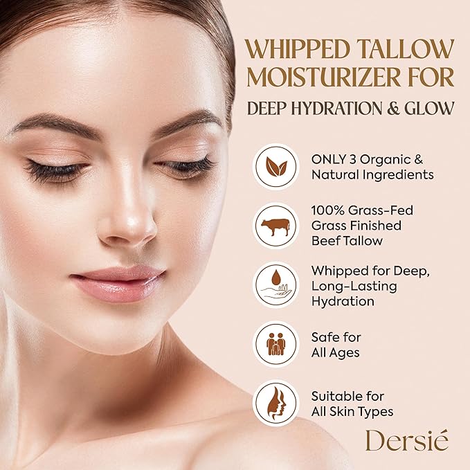 Dersie Beef Tallow for Skin: 100% Grass-Fed Whipped Tallow Balm for Deep Hydration & Soothing – Suitable for Dry, Sensitive & Mature Skin, Safe for Kids & Babies (Made in USA)