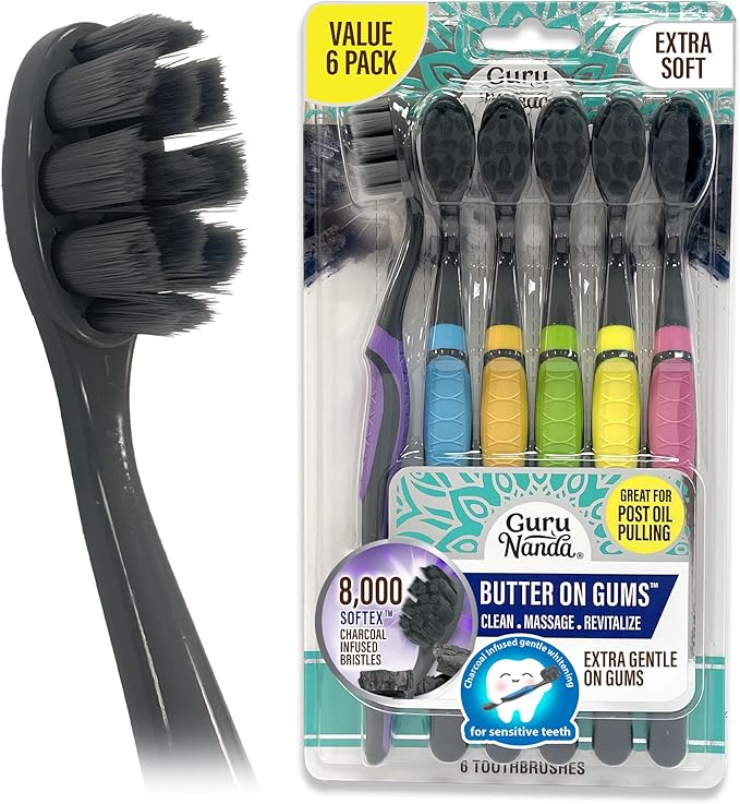 GuruNanda Butter on Gums Charcoal Toothbrush - 8000+ Softex Bristles for Sensitive Teeth & Gums, Aids in Teeth Whitening, Extra Soft (6 Count)