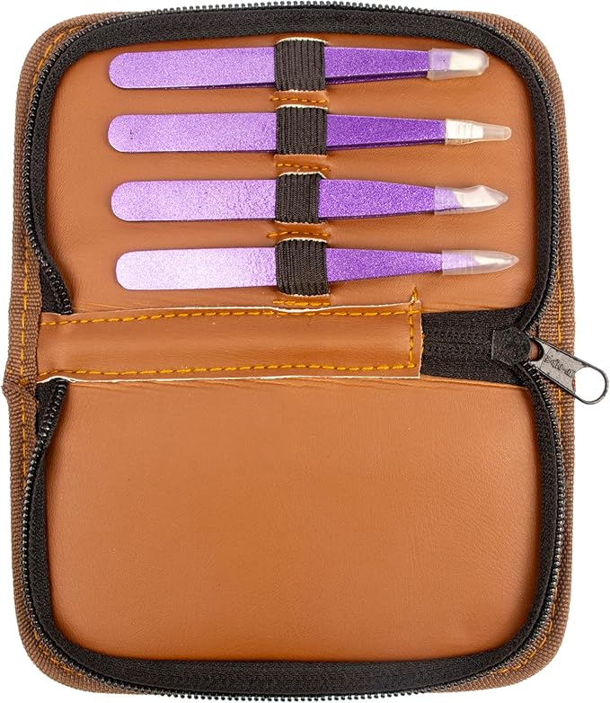 Katsumi Pinnacle 4-Piece Tweezers Set – Precision Stainless Steel Tweezers for Eyebrows, Facial Hair, Ingrown Hair, Splinters – Professional Beauty Kit Purple Glitter