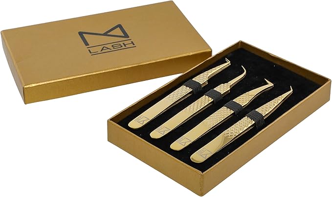 M LASH Tweezers for Eyelash Extensions (Set of 4) - Professional Lash Extension Tweezers - Fiber Tip, Japanese Steel, Diamond Grip Eyelash Extension Tweezer set (Gold)