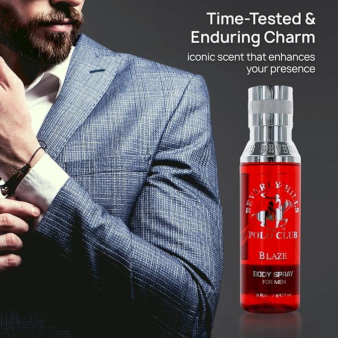 Beverly Hills Polo Club Body Spray for Men - BHPC Blaze - Fresh, Earthy with Notes of Cedar & Basil - Long Lasting Body Mist Cologne Scent - Ideal Gift for Him, 6oz
