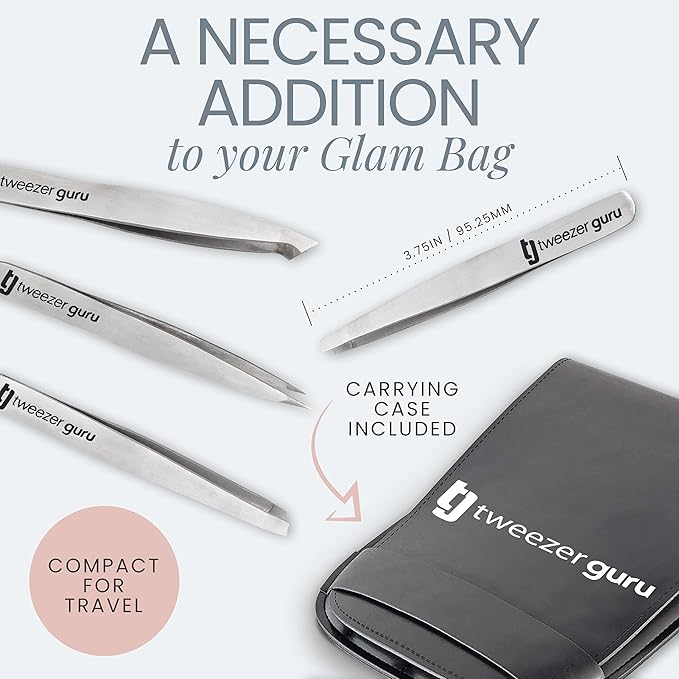 Tweezer Guru Eyebrow Tweezer Set for Women & Men - Professional Slant and Pointed Tweezers Set with Case - Precision Tweezers Kit for Facial Hair, Splinter and Ingrown Hair Removal (4 PC-W)