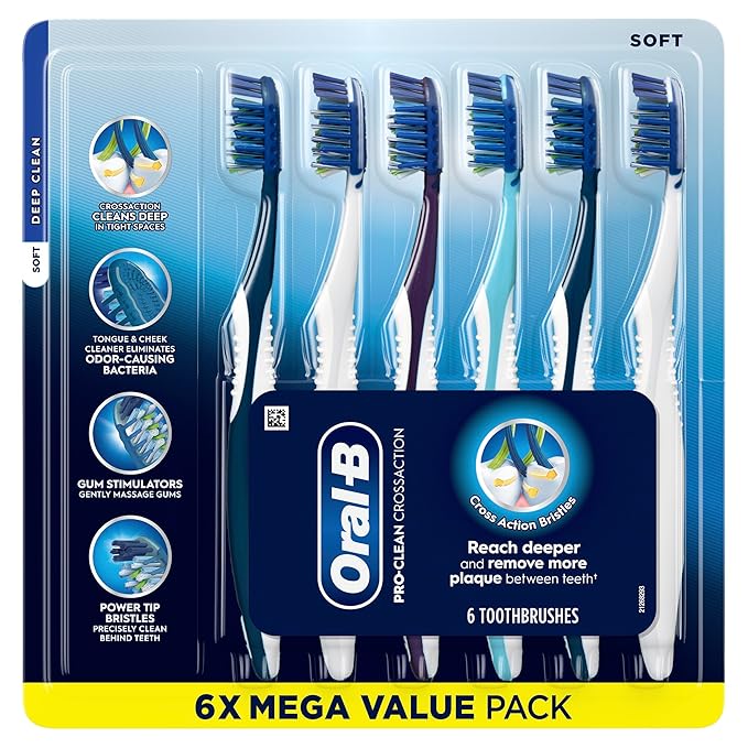 Oral-B Pro Clean Cross Action Toothbrushes, Deep Plaque Removal, 6 Count