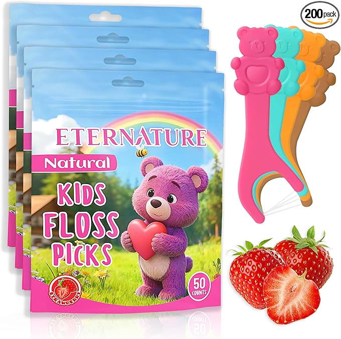 Kids Flossers 200ct, Dental Kids Floss Picks, Biodegradable Heart Bear Flossers, Fluoride & PFA Free, Gifts for Toddlers Teeth, Flossing Sticks for Kids, No Shred Thread, Strawberry Flavored
