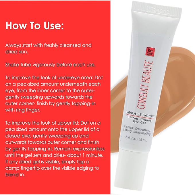 Consult Beaute Real-EYEZ-ATION Tinted Instant Firming Eye Gel - For Puffy Under Eyes - Temporary Eye Lid Lift - Illuminating - For Collagen and Elastin Production - Women and Men - .5 Fl. Oz