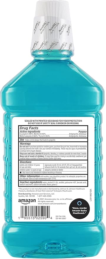 Amazon Basics Fresh Breath Mouthwash, Blue Mint Antiseptic, Fights Bad Breath and Gingivitis, Refreshing, 1.5 Liters, 50.7 Fl Oz, 1-Pack (Previously Solimo)
