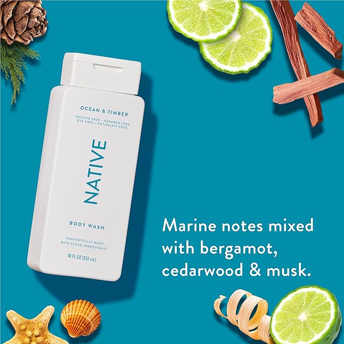 Native Body Wash Contains Naturally Derived Ingredients | For Women & Men, Sulfate, Paraben, & Dye Free Leaving Skin Soft and Hydrating | Ocean & Timber 18 oz