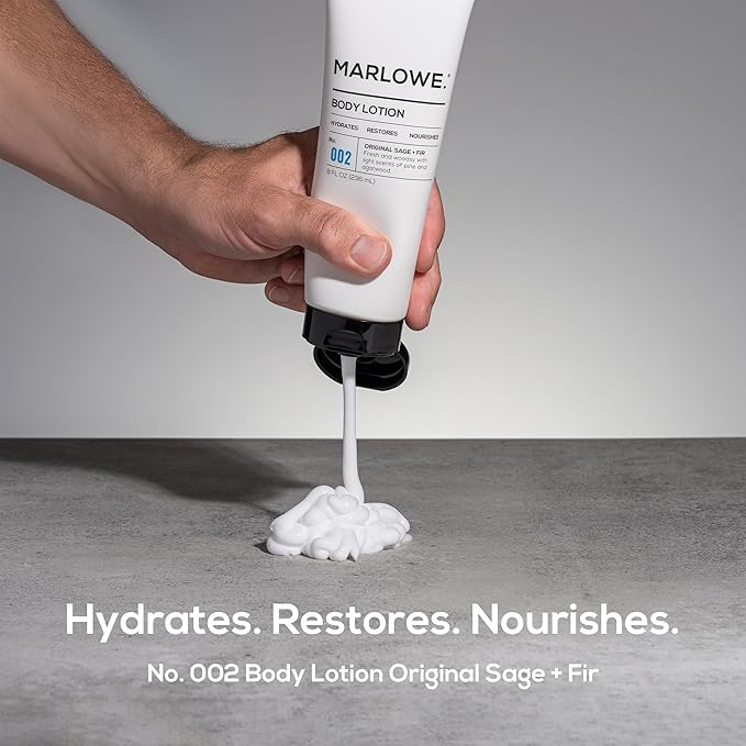 MARLOWE. No. 002 Men’s Body Lotion, Hydrating Aloe Vera Moisturizer for Dry Skin, Lightweight & Non-Oily Formula with Sage & Fir Scent, Holiday Gift, Stocking Stuffer for Men, 8 fl oz