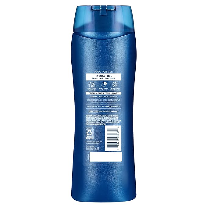 Suave Men Hydrating 3-in-1 Body + Hair + Face Wash with Glycerin & Vitamin E, Cleanse, Moisturize, Refresh, No Parabens or Pthalatates, Long-Lasting Fragrance, 18 FL OZ, 6 Count