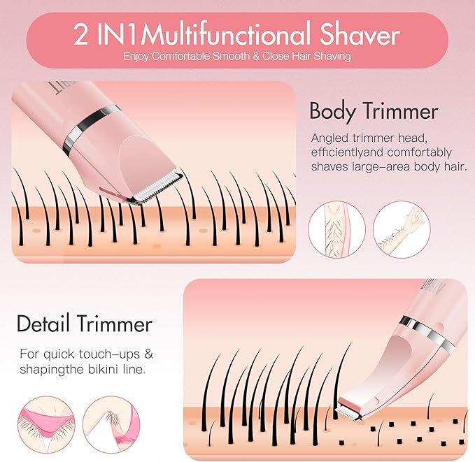 Electric Bikini Trimmer for Women - 2 in 1 Electric Lady Pubic Hair Groomer Painless Hair Removal Razor Body Shaver, Portable Ladies Shaver with 2 Trimmer Heads, IPX7 Waterproof