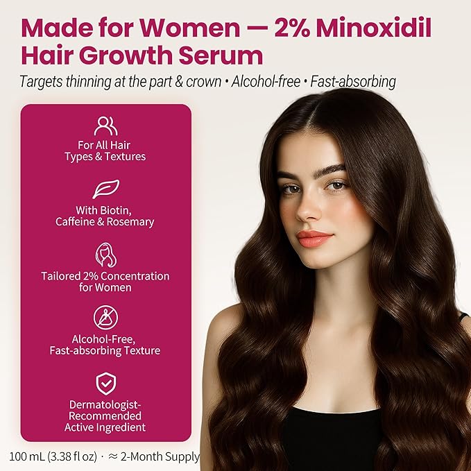 Minoxidil for Women Hair Growth with Biotin, 100ML Topical Minoxidil Serum with Rosemary for Hair Regrowth Treatments, Non-Greasy, Helps Prevent Hair Thinning & Hair Loss Solution