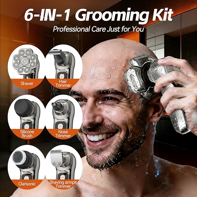 6-in-1 Electric Head & Body Hair Shaver - Mens Cordless Rechargeable Wet/Dry Skull Bald Head Back & Groin Waterproof Razor with Rotary Blades, Clippers, Nose Trimmer, Brush, Massager
