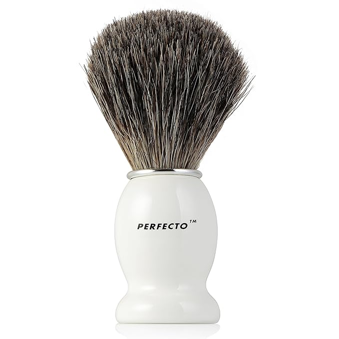 Perfecto 100% Pure Badger Shaving Brush-White Handle, Gift for Dad, Engineered for the Best Shave of Your Life. For Fathers Day Gift, Safety Razor, Double Edge Razor, Straight Razor, Shaving Razor