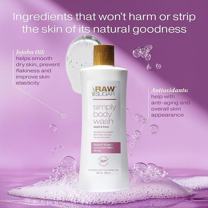 RAW SUGAR Simply Body Wash, Beach Rose + Coconut Milk + Shea (25 Fl Oz, Pack of 3) Sensitive Skin Bath Soap, Formulated without SLS/SLES & Parabens…