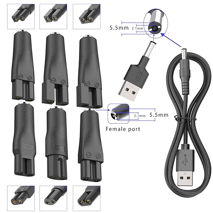 7 PCS Power Cord 5V Replacement Charger USB Adapter Set Compatible with a Various Types of Electric Hair Clippers,Beard Trimmers,Shavers,Beauty Instruments, Electric Hairdressers,Desk Lamps,Purifiers