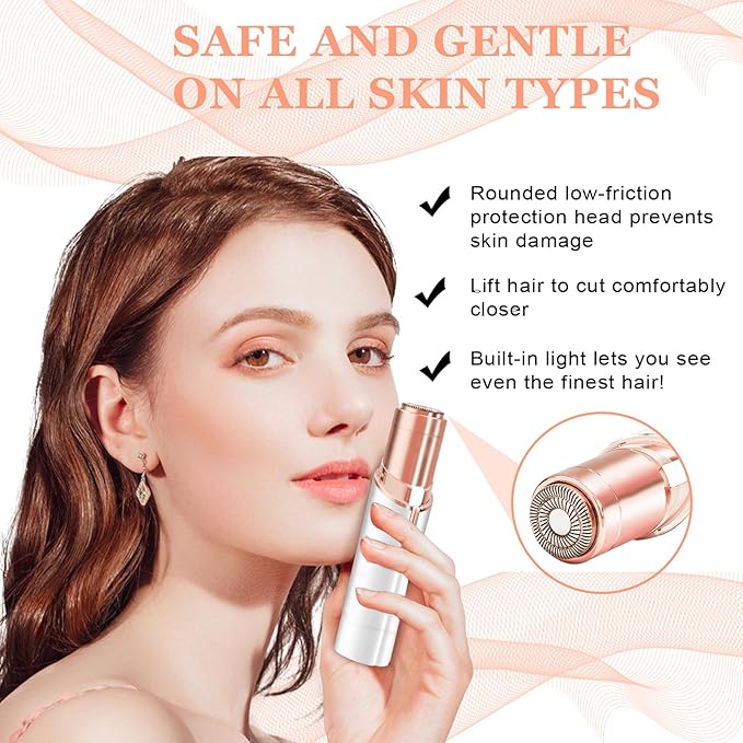 Facial Hair Removal for Women,Electric Rechargeable Face Shaver,Painless Gentle Trimming for Peach Fuzz,Lip,Chin with 2 x Replacement Heads (White)