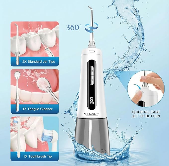 Cordless Water Dental Flosser – Power Dental Flosser for Teeth & Gums, 9 Pressure Levels, 300mL Tank, USB-C Rechargeable Oral Irrigator, IPX7 Waterproof for Braces & Travel – Wellooriya (White)