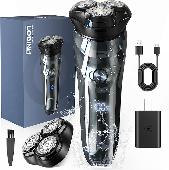 Electric Razor for Men, 3D Rechargeable Waterproof IPX7 Electric Shaver for Men Wet & Dry, Cordless Rotary Razor with Beard Pop-up Trimmer, 1 Hour Fast Charging, 4D Floating Head