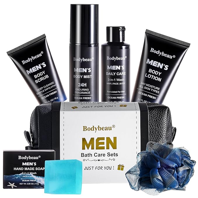 Christmas Gift for Men-Le Vital 7PCS Luxury Men's Bath and Body Skincare Gift Se, All-in-One Grooming Kit with 3-in-1 Wash, 2-in-1 Soap, Scrub, Lotion & Travel Bag (7 Piece Gift Set)