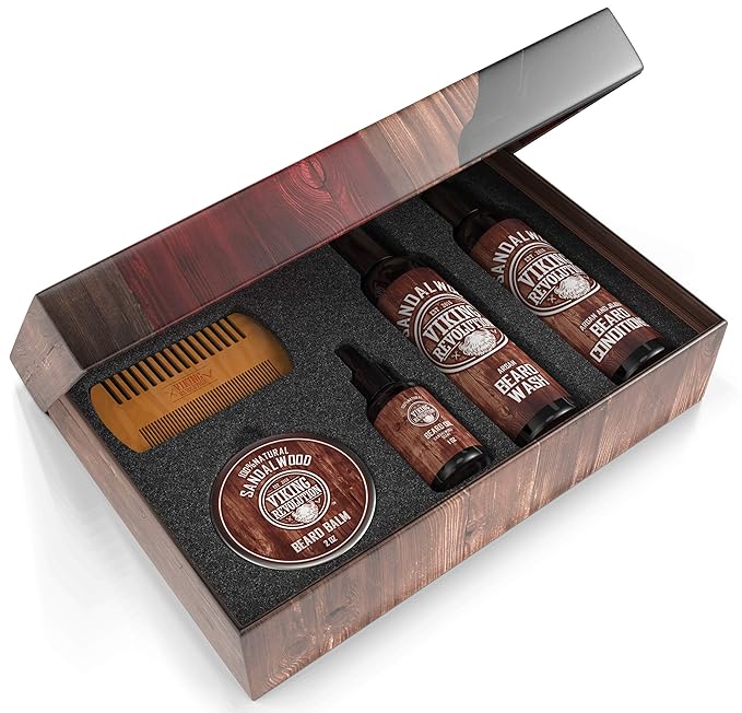 Viking Revolution Ultimate Conditioner for Men's Beard Grooming - Softens, Smoothes and Soothes Beard Itch- Contains Wash, Conditioner, Oil, Balm and Comb- Sandalwood Scent