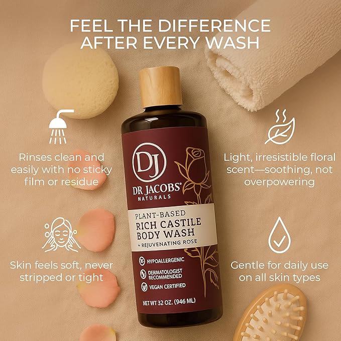 Dr. Jacobs Naturals Pure Castile Soap Liquid Body Wash, Rose - Plant Based Body Soap Infused with Vitamin E and Aloe Vera to Moisturize Dry and Sensitive Skin - Made in The USA - 32 oz, Pack of 1