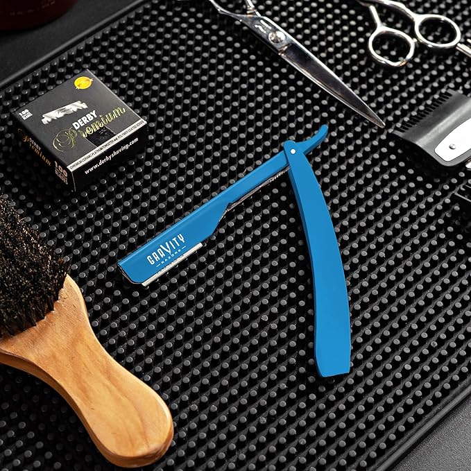 GRAVITY RAZORS Professional Straight Razor Kit – Ultra Exposure, Includes 10 Premium Blades, 2mm Exposed, Blue