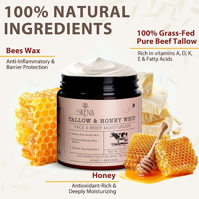 Grass-Fed Beef Tallow Moisturizer with Honey & Beeswax – Whipped Tallow Face Cream for Deep Hydration – Natural Face & Body Balm for Dry, Sensitive Skin – 4.2 oz for Men & Women