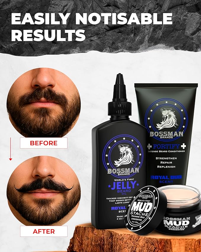 Bossman Complete Beard Kit – Men's Beard Oil Jelly, Fortifying Shower Conditioner, Balm, Mustache Wax & Comb – Beard Softener & Grooming Care – Men Gift Set (Vetiver X Scented)