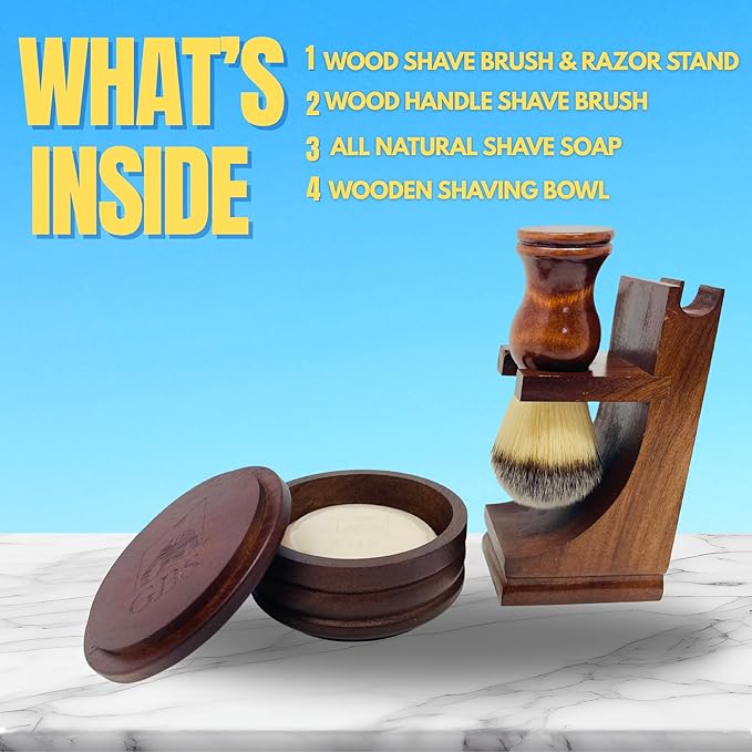 G.B.S GENTS Men's Wood Shaving Bowl & Shave Brush Set – Premium Shaving Kit with Stand, Synthetic Shave Brush & Signature All Natural Soap – Grooming Gift for Men,Wet Shaving Essentials