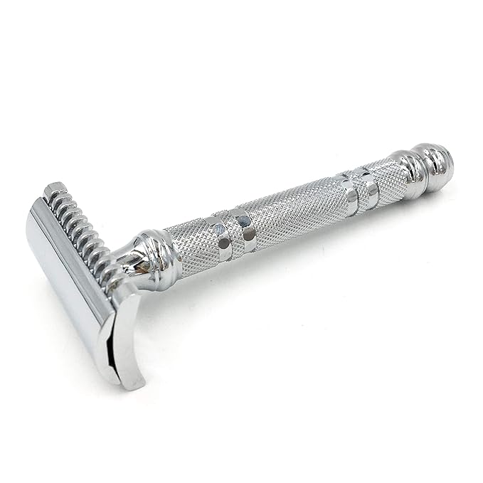Parker Open Comb Double Edge Safety Razor – Heavyweight Chrome Handle for Closer Shaves – Includes 5 Razor Blades – Ideal for Men with Thick or Coarse Beards (24C-Chrome)