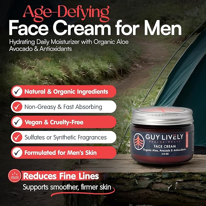 Guy Lively Age-Defying Face Cream for Men, Hydrating Moisturizer with Antioxidants, Vitamins A C & E, Organic Oils, Anti-Aging Cream to Smooth Fine Lines & Wrinkles, 3 fl oz – Vegan, Sulfate Free