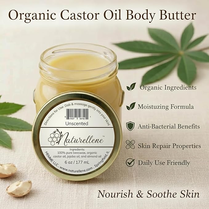 Unscented Natural Lotion, Eczema Relief Body Moisturizer, Face Cream, No Petroleum Organic Castor & Jojoba Oil Aftershave Balm Beard Oil Makeup Remover Diaper Rash Cream Tattoo Balm in Glass - 6 oz