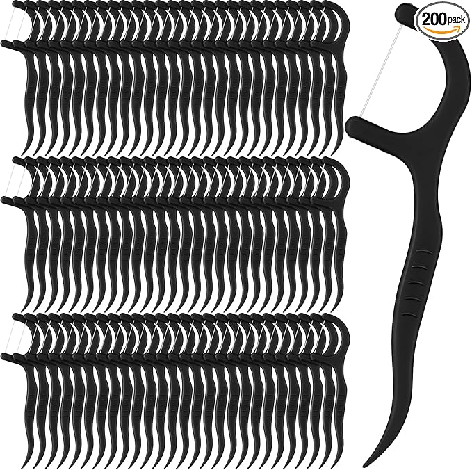Baderke 200 Count Floss Picks Bulk Non Breakable Tooth Picks Flosser Dental Floss Sticks for Adults Teeth Cleaning Dental Flossers for Family Pack Travel (Black)