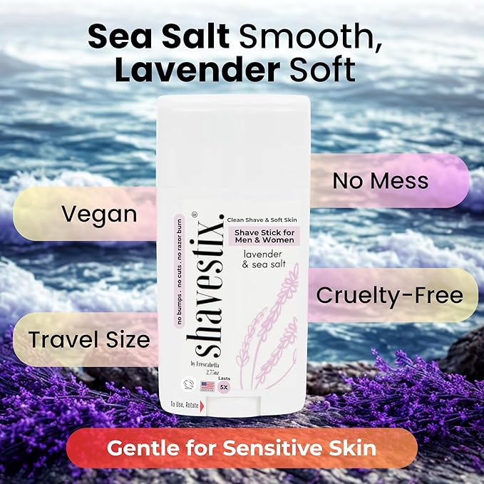 Shavestix Travel Size Shaving Cream Stick 2.75 oz | Christmas Stocking Stuffers Lavender & Sea Salt Roll on | Ultra Moisturizing Shave Bar for Women, Men Lasts 5x | Easy to Use Sub to Shave Gel, Soap