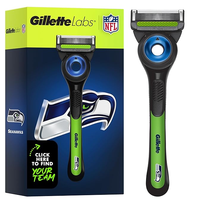 Gillette Labs Special NFL Seahawks Edition Shaving Razor for Men - 1 Handle, 4 Razor Blade Refills & Magnetic Stand, Holiday Gifts for Men, GilletteLabs with Exfoliating Bar