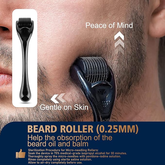 Biotin Beard Growth Kit for Men with Conditioning Oil and 0.25mm Massager Roller, Cedar Serum with Castor and Jojoba Oil, Grooming Softer Thicker Healthier-Looking Mustache Beard Care