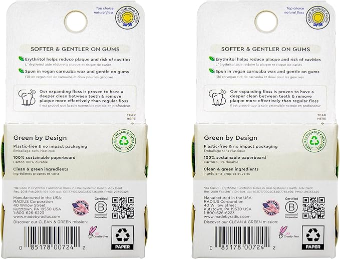 Radius Dental Floss, Sponge Floss, Vanilla Mint, 55 Yards, Vegan & Non-Toxic Oral Care Designed to Help Fight Plaque, Pack of 2
