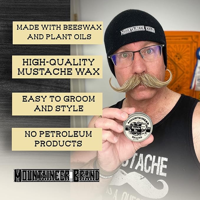 Mountaineer Brand Natural Mustache Wax | Citrus & Spice Scent | Made in West Virginia | Long Lasting Hold | Smooths, Conditons, Styles | Organic Moustache Balm | 2oz