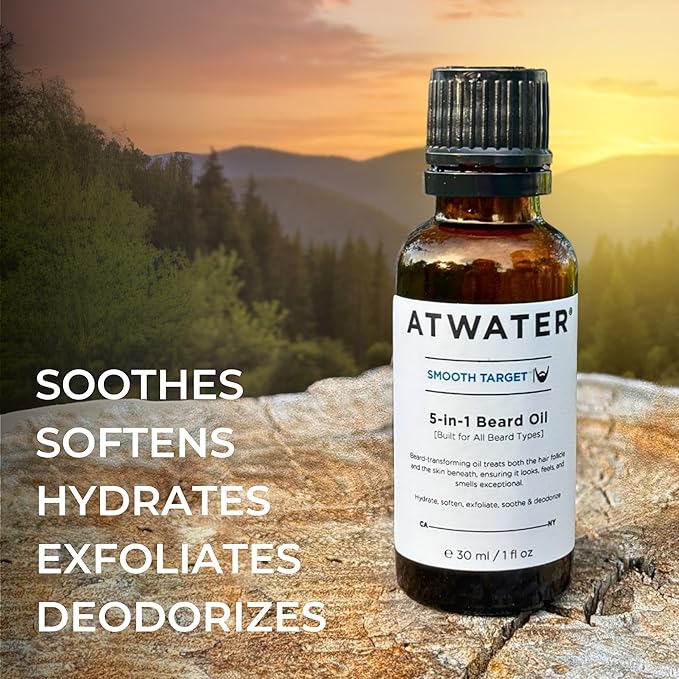 ATWATER Smooth Target 5-in-1 Beard Oil, Men's Beard Conditioner with Argan Oil and Lavender, Hydrates and Softens Facial Hair - .34 oz