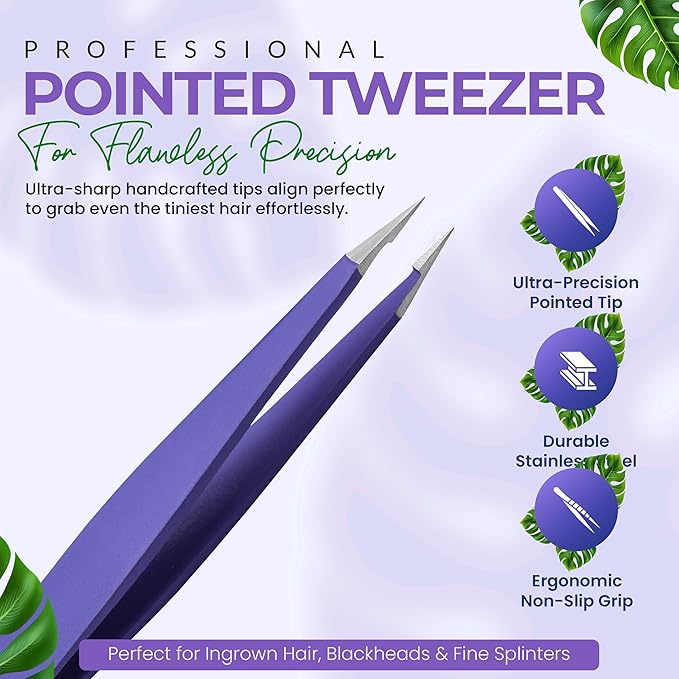 Pointer Stainless Steel Tweezers Women & Men Precision Eyebrow Tweezers for Facial Hair, Fine Tip Strong Grip Professional Tweezer for Eyebrow Shaping, Ingrown Hair & Splinter Removal (Purple)