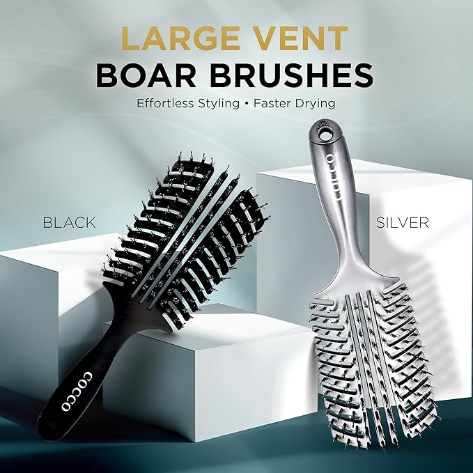 Cocco Vented Boar Brush, Curved Detangling & Styling Tool with Boar & Nylon Bristles, Silver