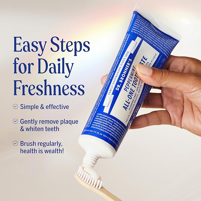 Dr. Bronner’s All-One Toothpaste – Peppermint, 5 oz, 1-Pack – Fluoride-Free Toothpaste for Adults, SLS-Free, 70% Organic & Natural Ingredients, Vegan, Helps Freshen Breath, Reduce Plaque, Whiten Teeth