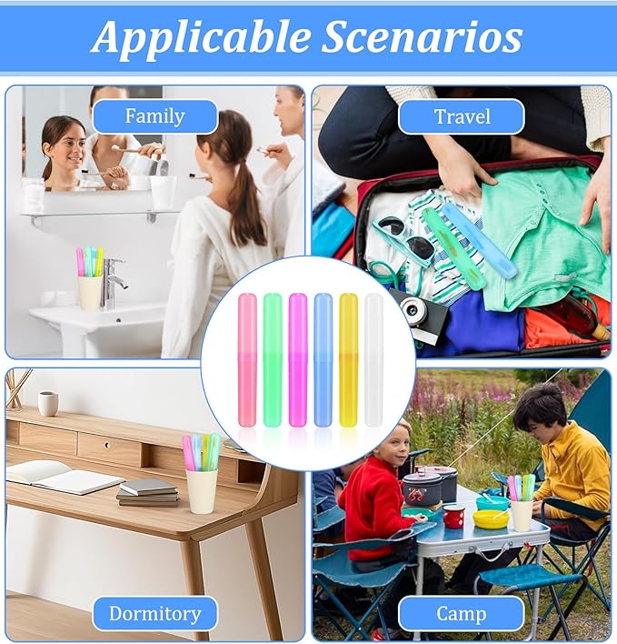 6 Pcs Toothbrush Travel Containers, Portable Plastic Toothbrush Container in Assorted Colors for Travel Camping & Daily Use